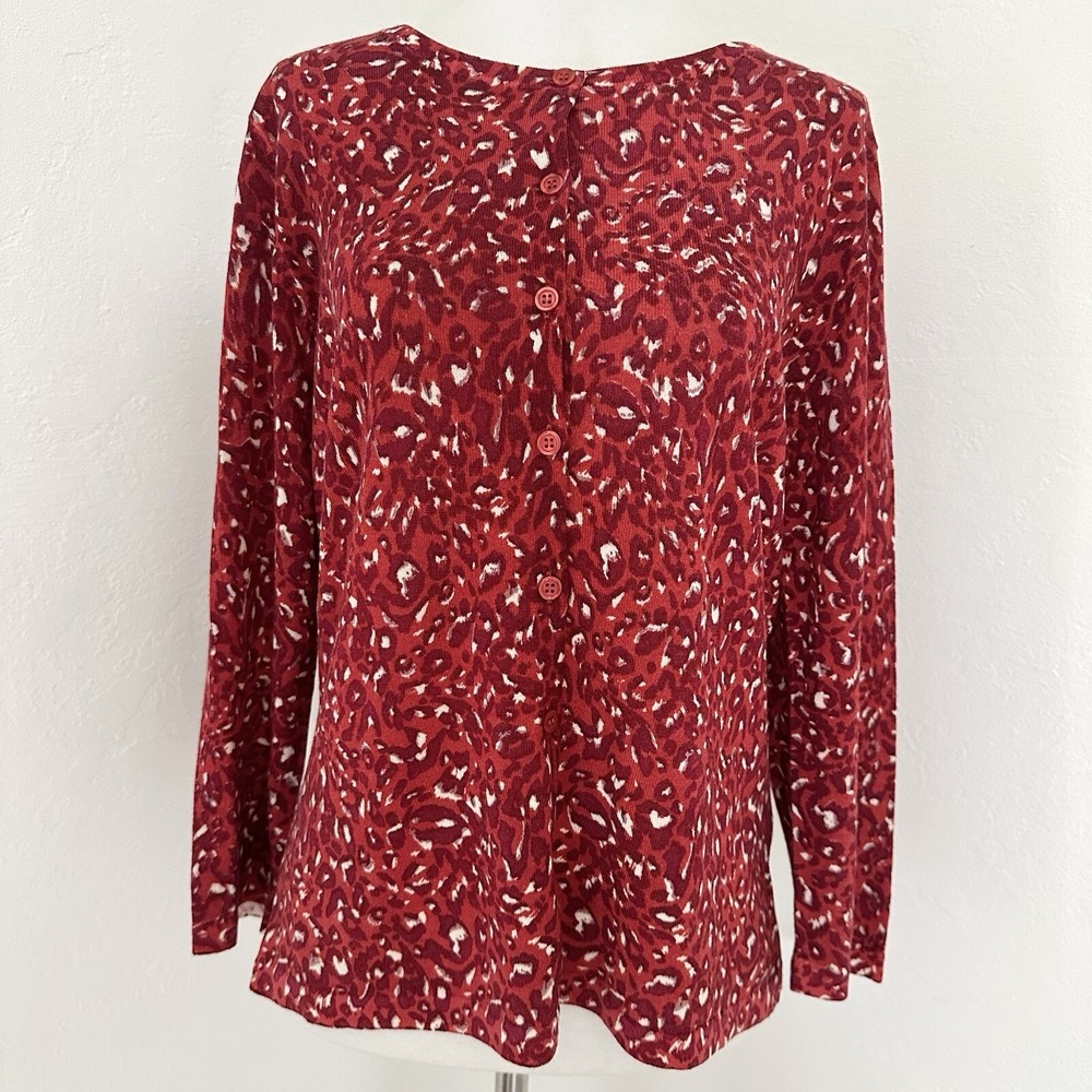 Garnet Hill Cardigan Sweater Womens Large Red Print Merino Wool Lightweight